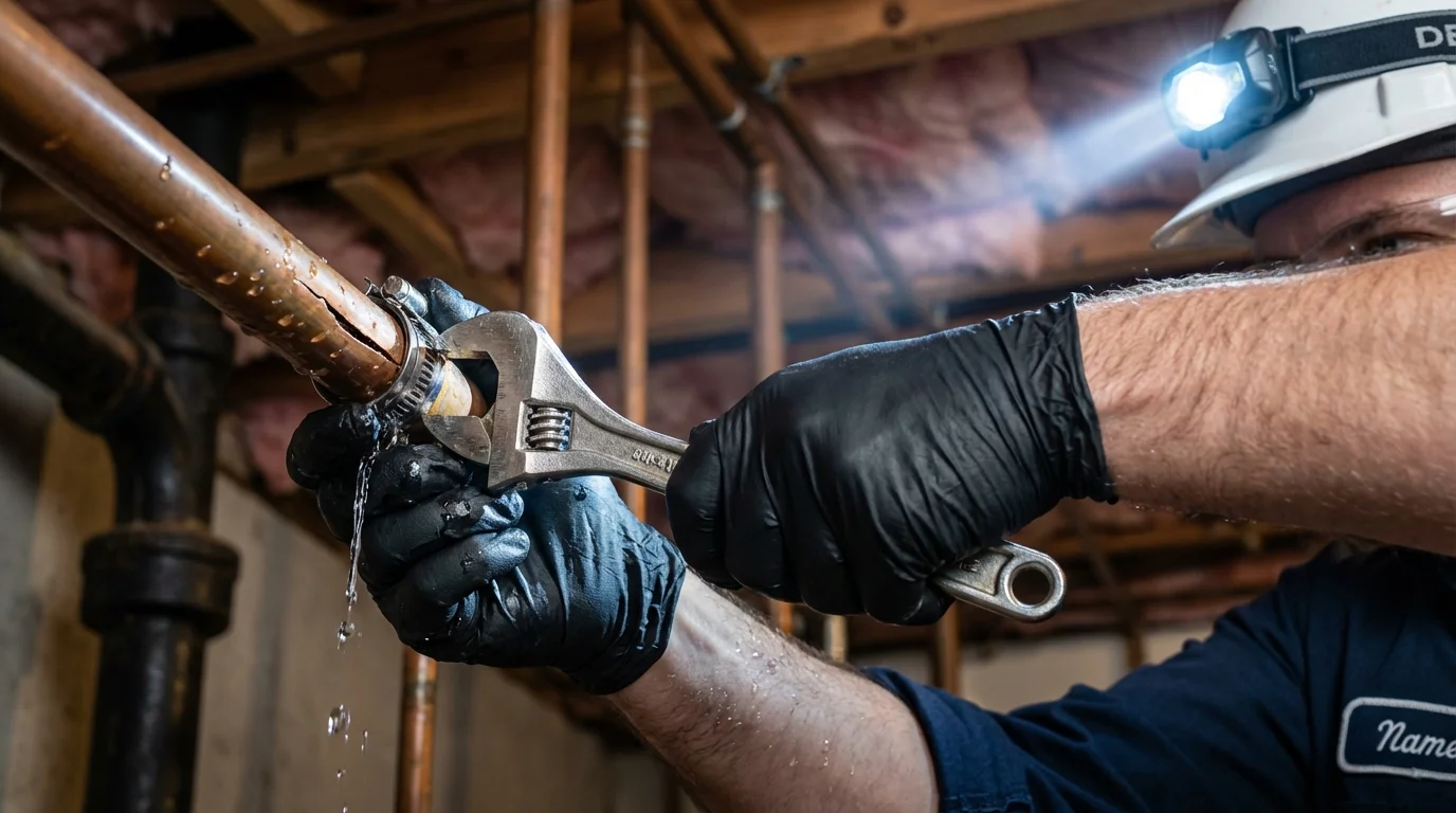 Emergency pipe clamp repair being performed by a Johns Plumbing LLC plumber in Ellaville