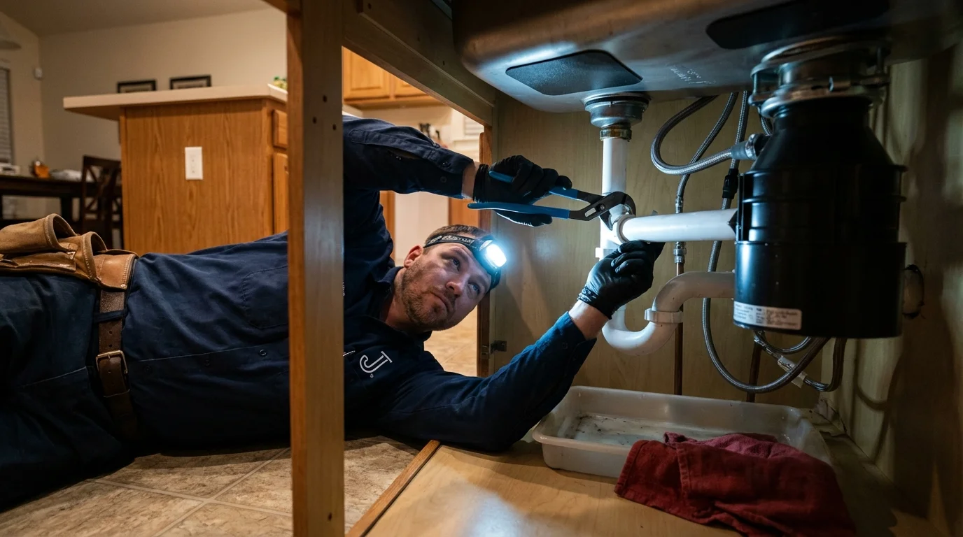 P-trap and supply line connections under a kitchen sink showing a common leak point in Ellaville, GA